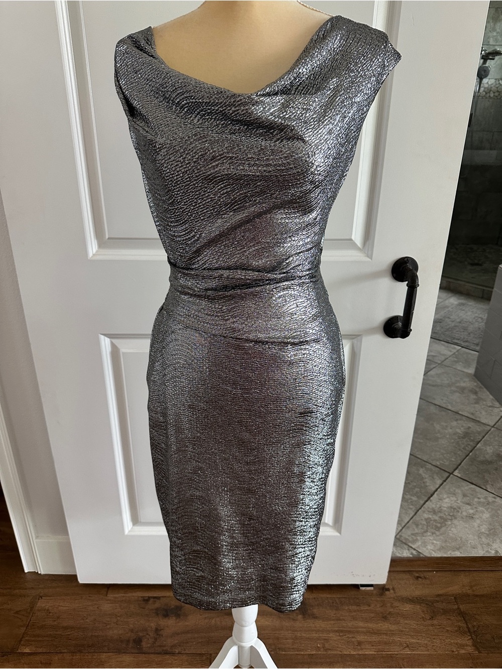 Vince Camuto Textured Metallic Foil Cowl Neck Party Dress Shimmery Silver 6